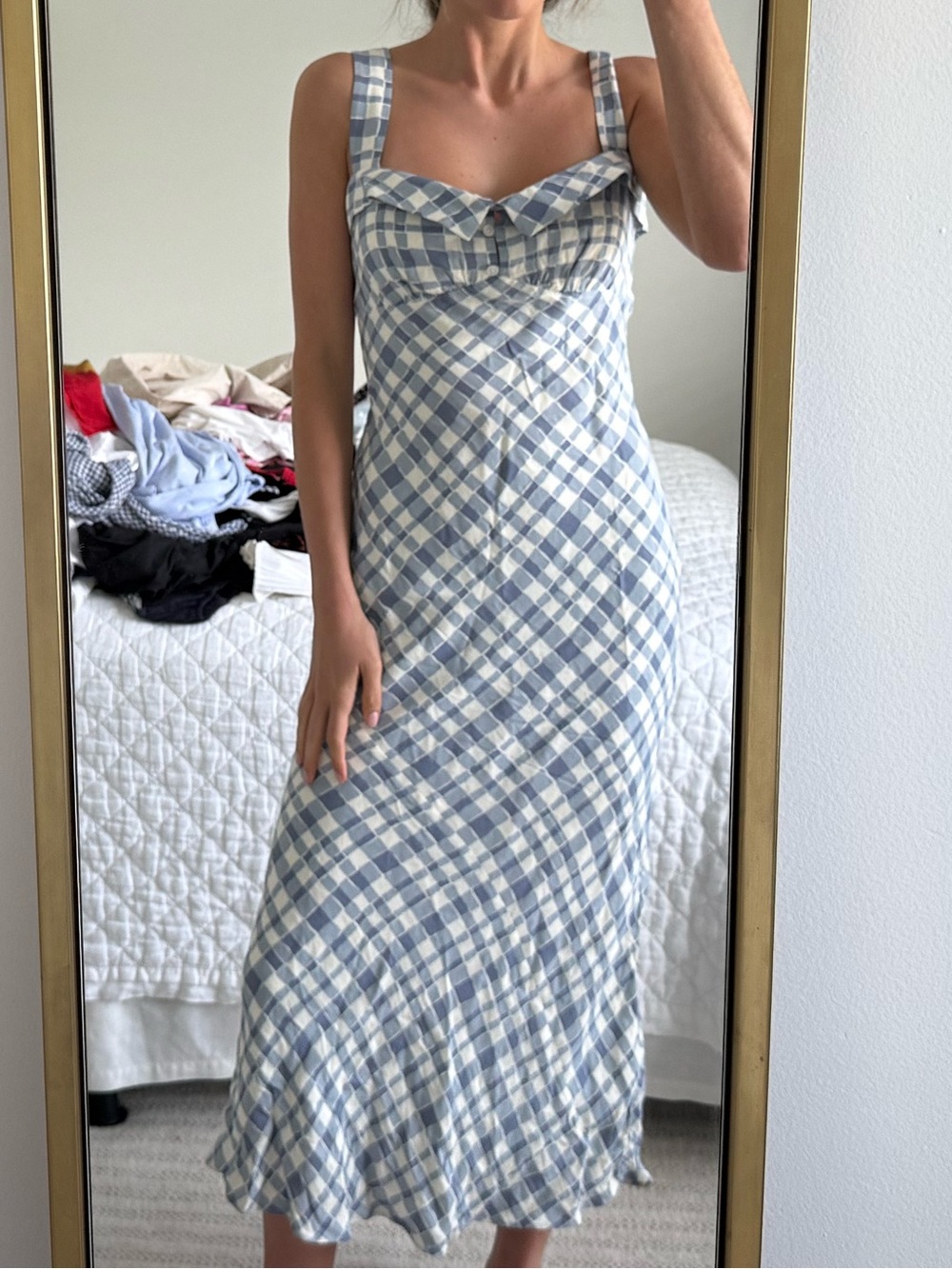 Reformation Blue Gingham Maxi Dress with Sweetheart Bodice